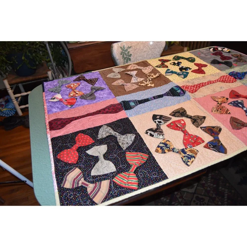 Handmade Bow Tie Quilt Lap Quilt Memorial Signed 2017 Applique 57x36